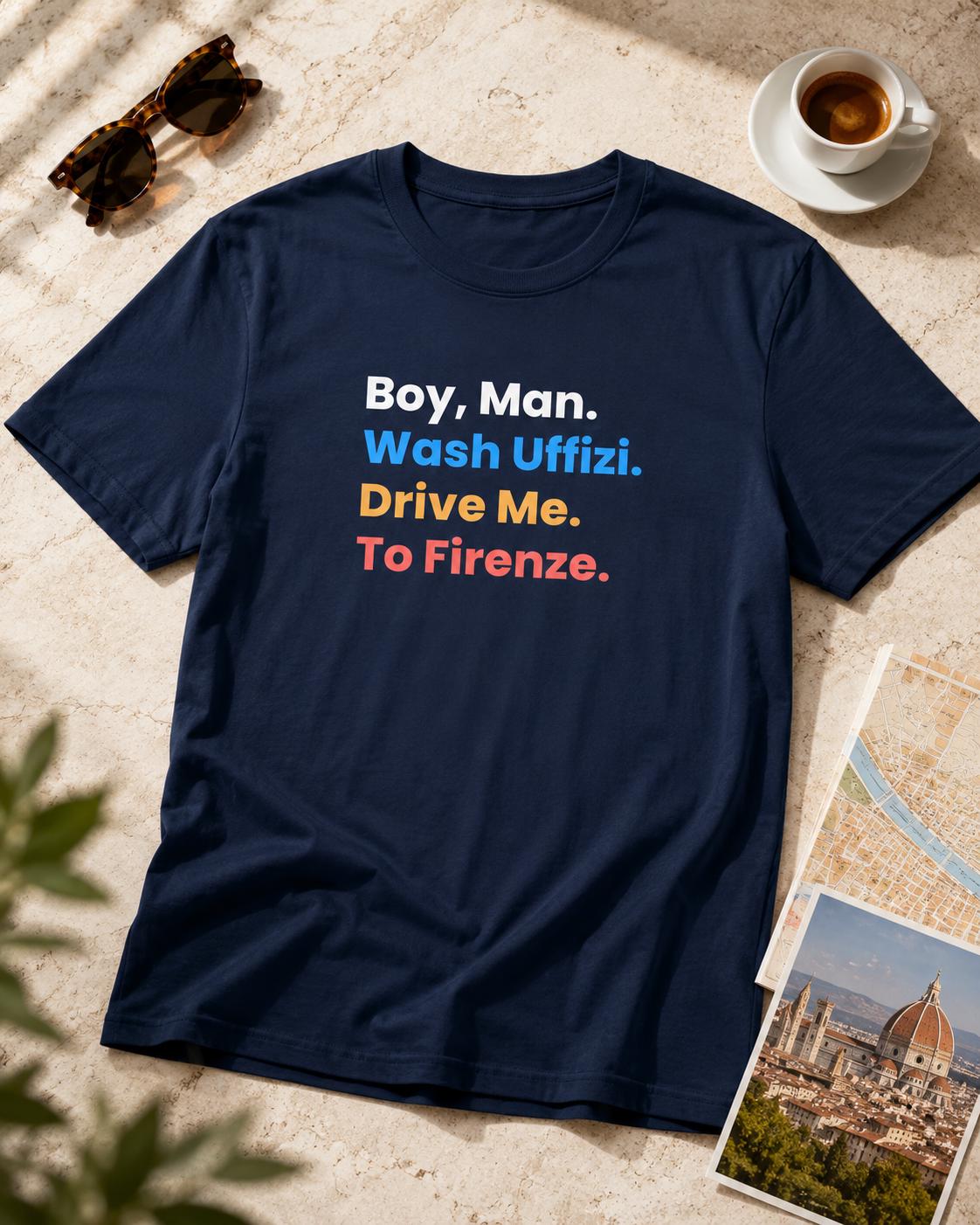YEM Boy Man Wash Uffizi graphic on a unisex concert T-shirt