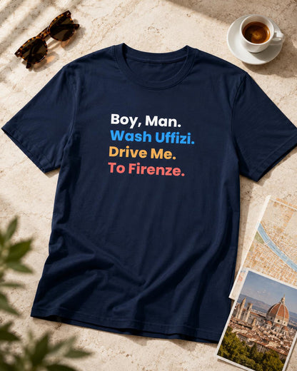 YEM Boy Man Wash Uffizi graphic on a unisex concert T-shirt
