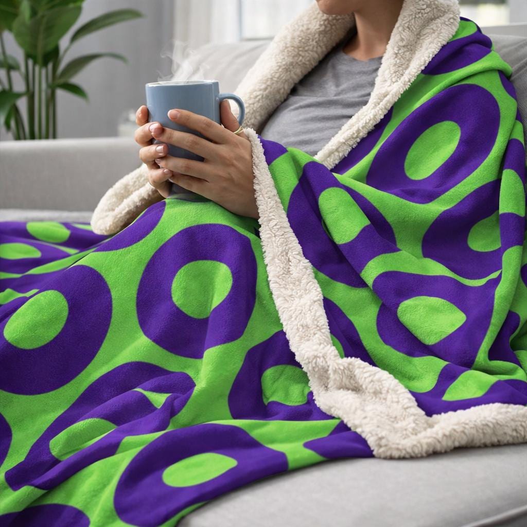 Green and purple Fishman donut sherpa blanket