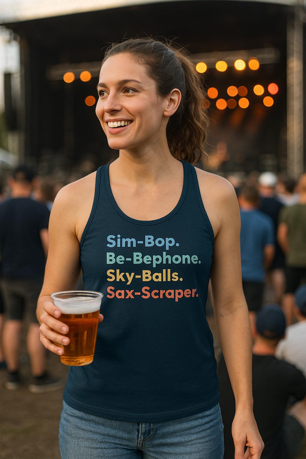 Woman wearing a Simple Lyrics racerback tank at an outdoor concert
