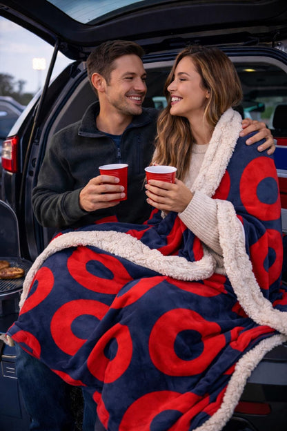 Red and blue Fishman donut sherpa blanket