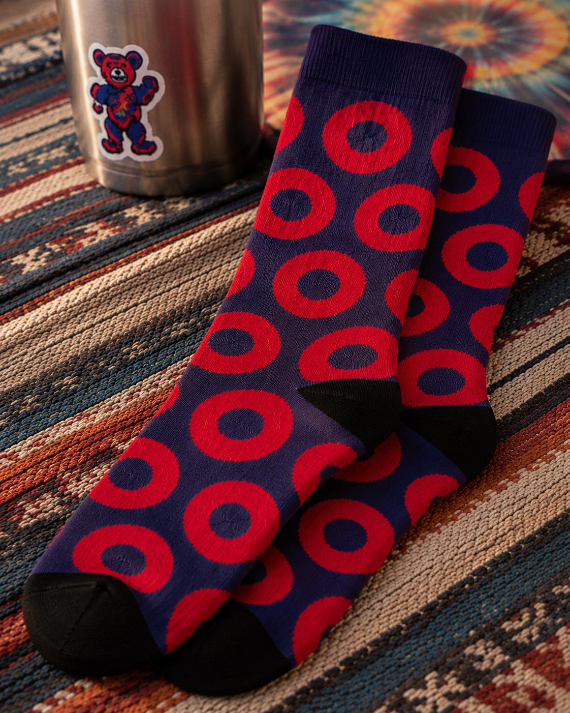 Red and blue Fishman donut crew socks